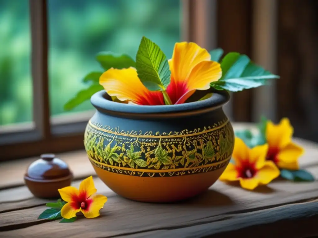 Una olla de barro saheliana con una colorida bebida de hibisco y jengibre, decorada con frutas locales, en una escena iluminada por la luz natural