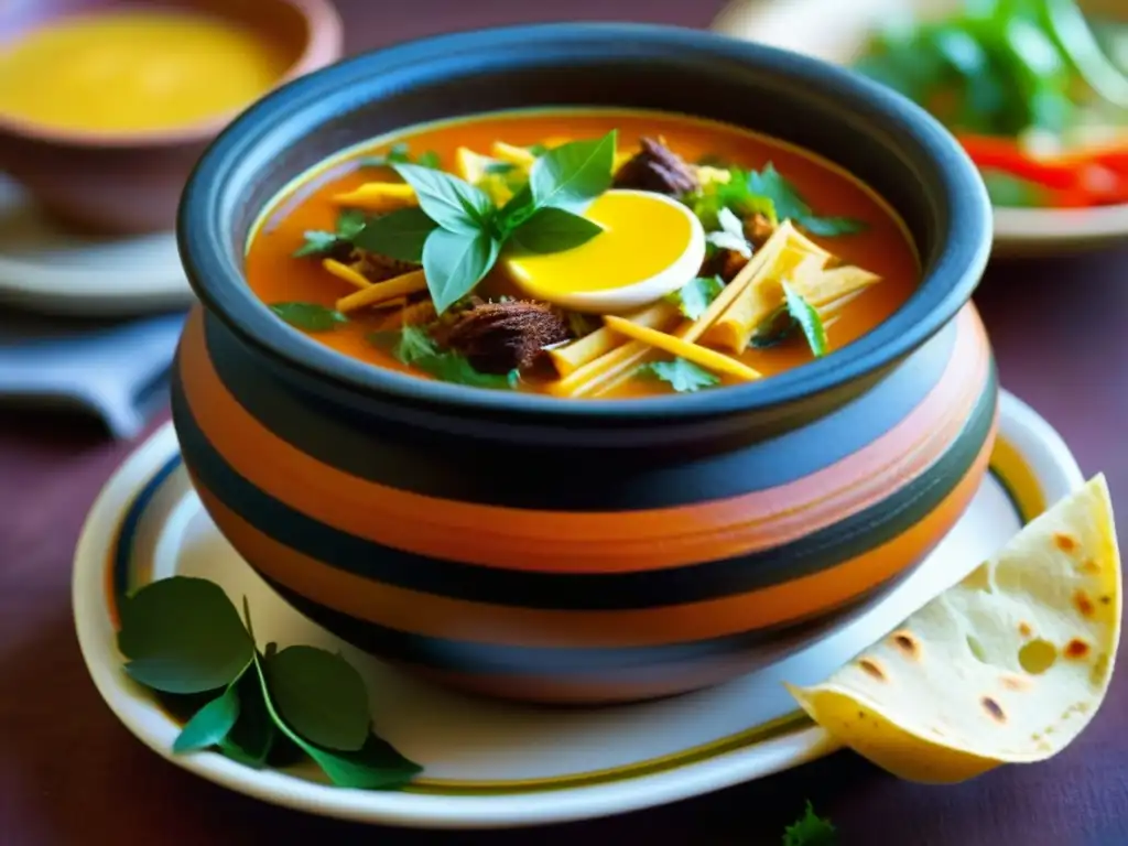 Una olla de barro con sopa tarasca humeante, colores vibrantes y texturas, crema, epazote y tiras de tortilla crujientes