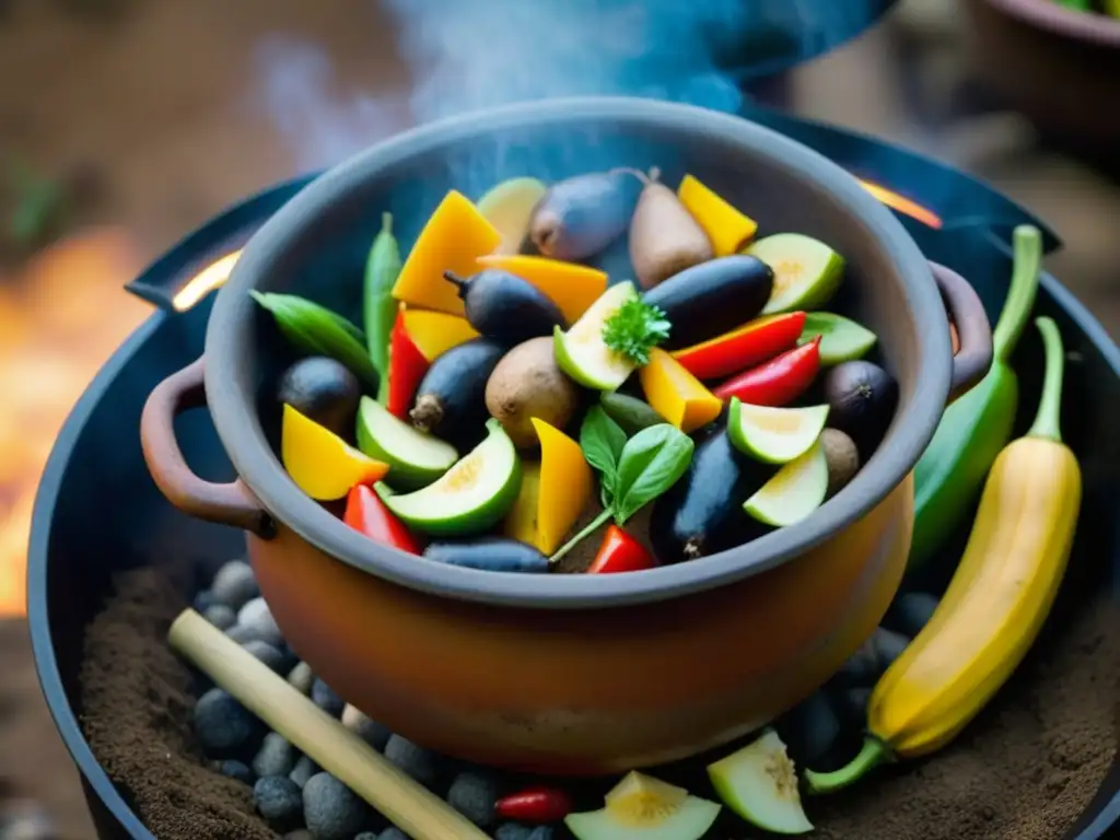 Una olla de barro tradicional cocina criolla economía colonial, rodeada de ingredientes coloridos en fogata