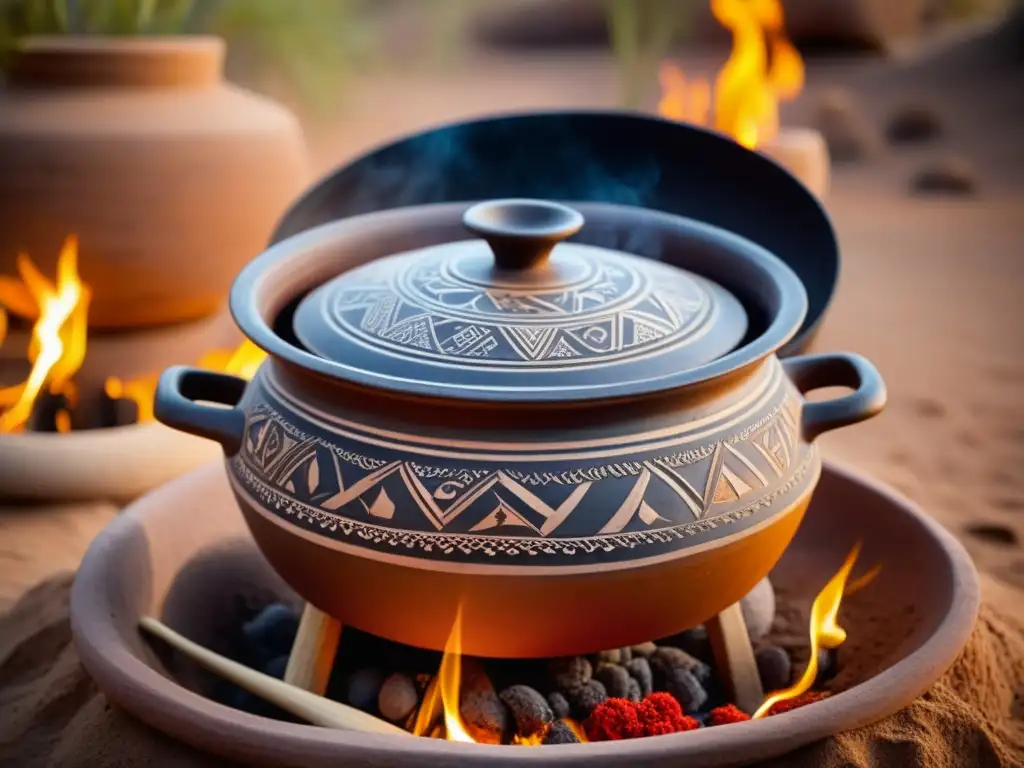 Una olla de barro tradicional con decoraciones geométricas y símbolos, cocinando un guiso dorado en un campamento en el desierto