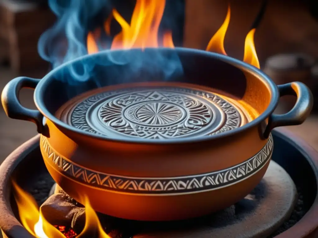 Una olla de barro tradicional cocinando sobre fuego abierto, resaltando patrones y texturas, reflejando la cocina mestiza de la era colonial