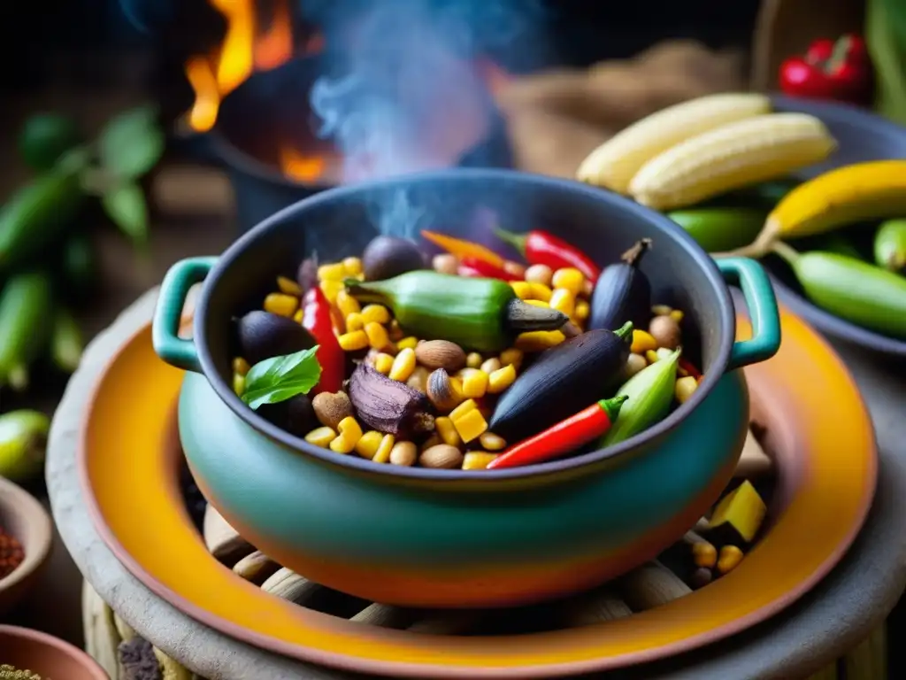 Una olla de barro tradicional cocinando sobre fuego rodeada de ingredientes coloridos, emitiendo aroma tentador y creando atmósfera cálida