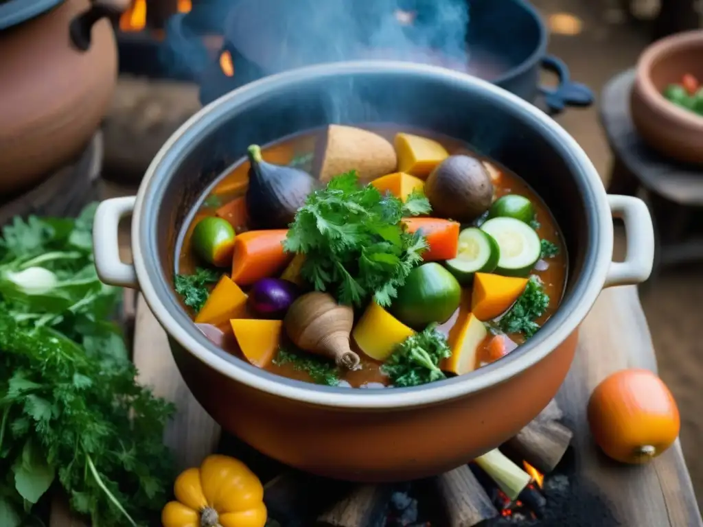 Una olla de barro tradicional con guiso burbujeante rodeada de vegetales coloridos