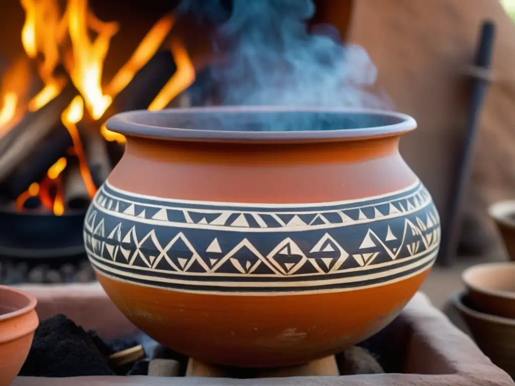 Una olla de barro tradicional llena de guiso aromático sobre fuego en aldea africana precolonial