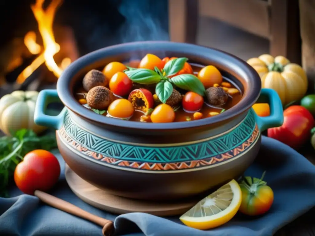 Una olla de barro tradicional llena de guiso aromático sobre fuego