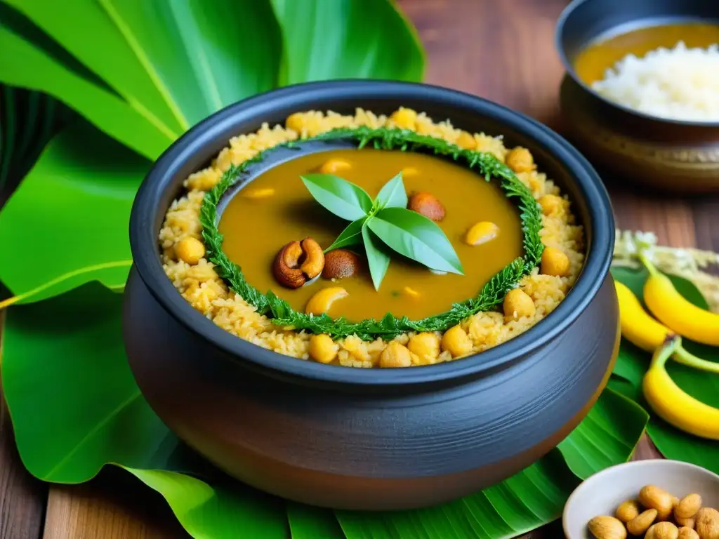 Una olla de barro tradicional llena de pongal humeante, adornada con diseños florales, rodeada de hojas de plátano y manos manchadas de cúrcuma