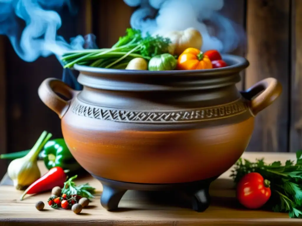 Una olla de barro tradicional llena de un guiso aromático en una estufa rústica, rodeada de ingredientes frescos y coloridos