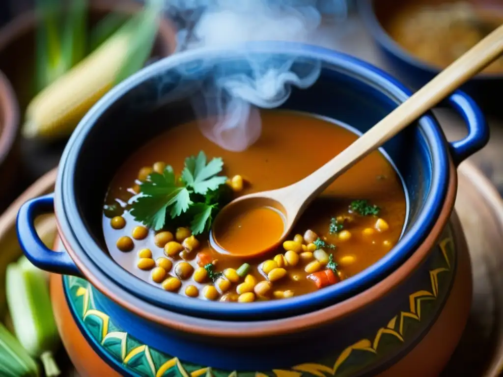 Una olla de barro tradicional llena de guiso burbujeante, con ingredientes coloridos y vapor, resaltando la belleza rústica