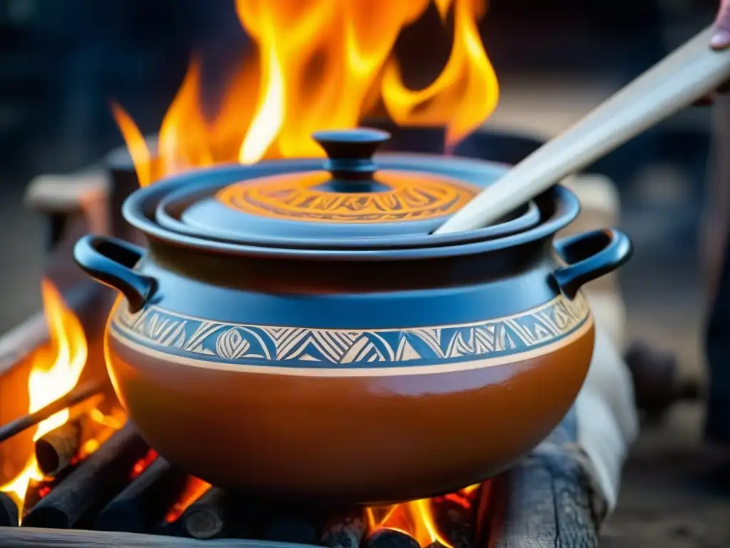 Una olla de barro tradicional llena de guiso aromático, cocinado a fuego de leña con patrones Sahelianos, historia métodos cocción cocina Saheliana