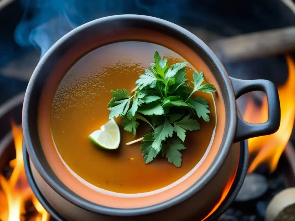 Una olla de barro tradicional con Kak'ik Maya en fuego abierto