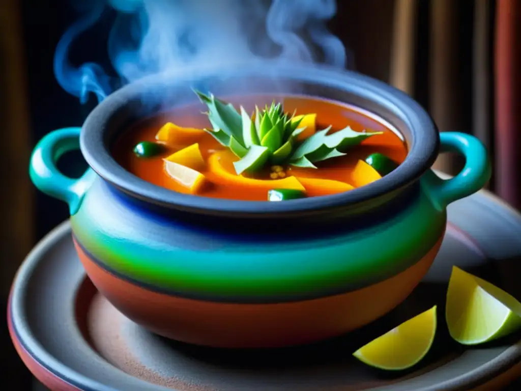 Una olla de barro tradicional mexicana hierve un guiso de peyote, rodeada de hierbas frescas y chiles secos, evocando una cocina ritual ancestral