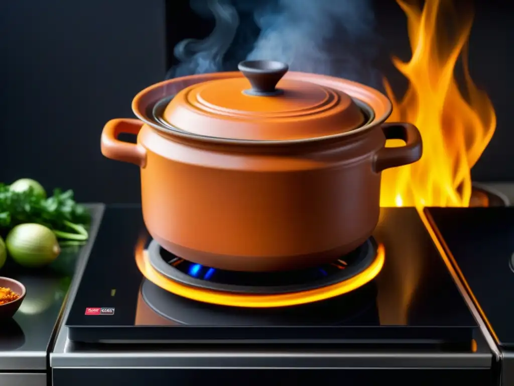 Una olla de barro tradicional en una moderna cocina de inducción, fusionando recetas históricas culturales con cocción lenta