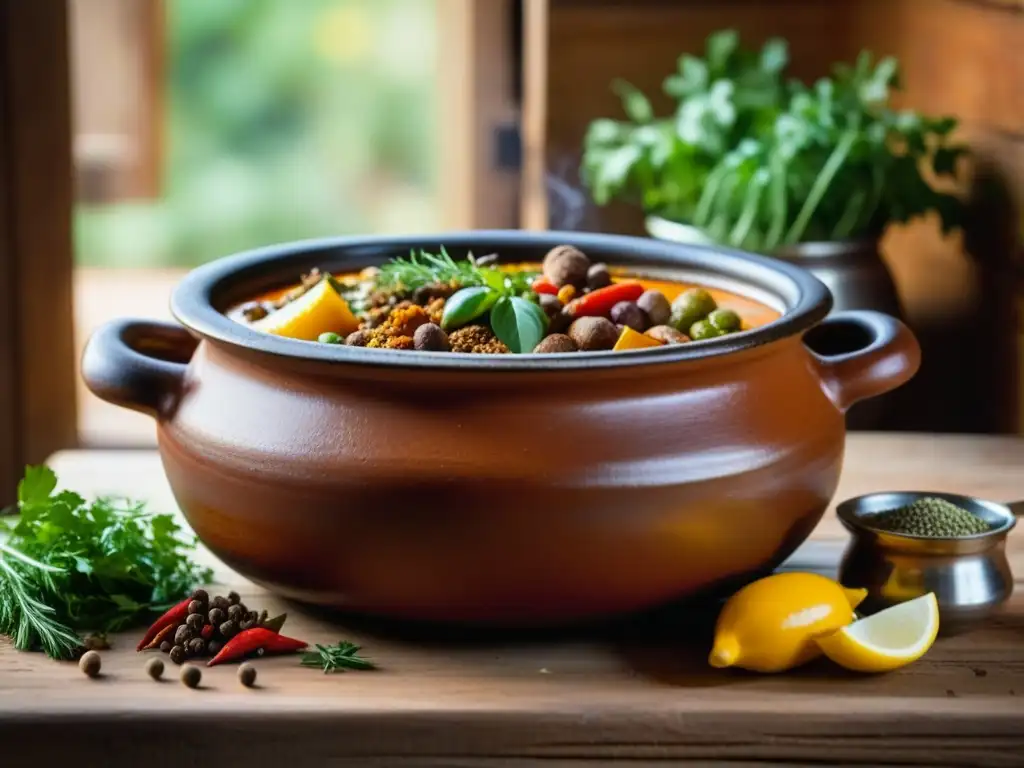 Una olla de barro tradicional rebosante de guiso, rodeada de especias y hierbas frescas, sobre una mesa rústica iluminada por la luz natural