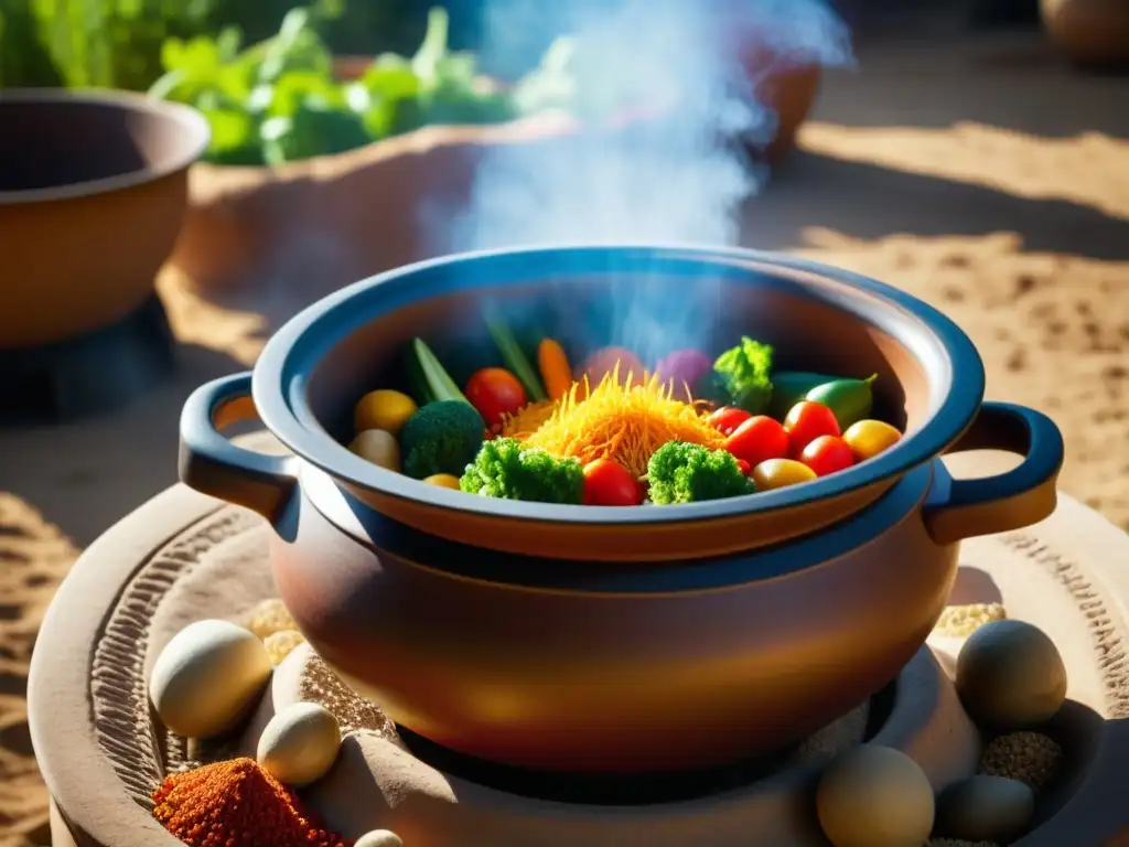 Una olla de barro con vegetales y granos bajo el sol, destacando el contraste entre técnicas de cocina solar histórica y moderna