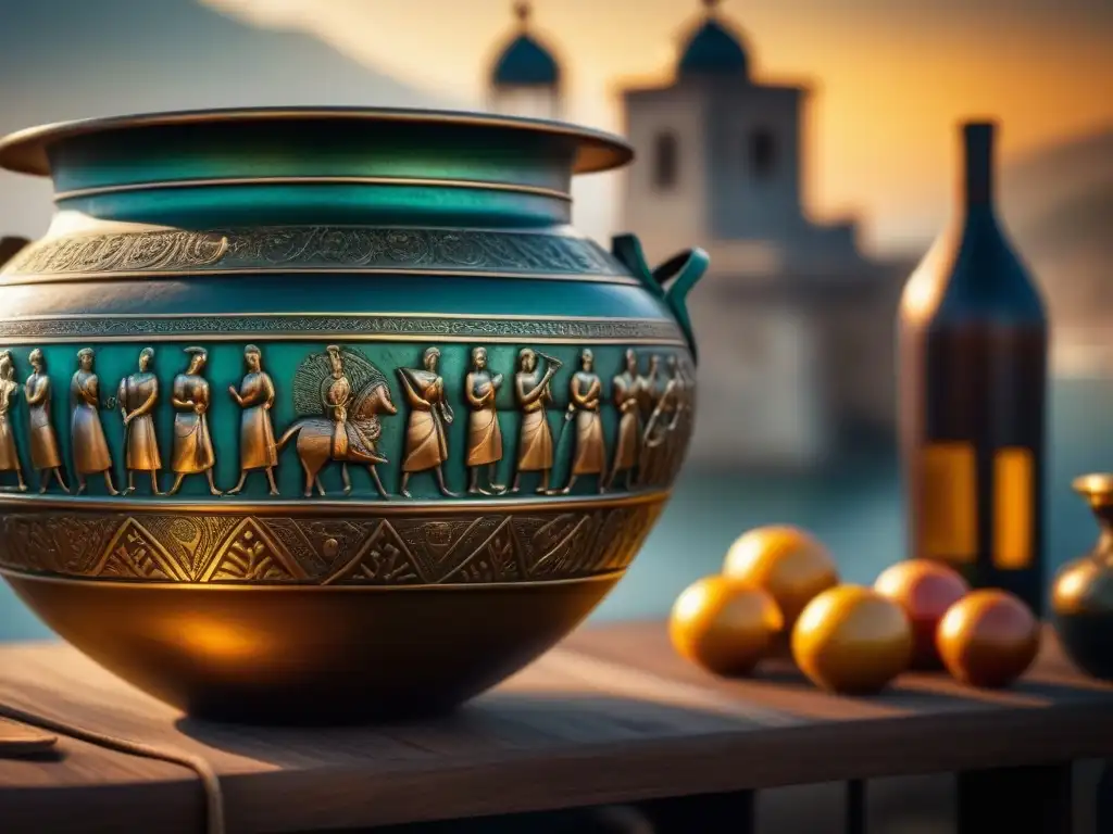 Una olla bizantina de bronce con grabados detallados, evocando recetas históricas Bizancio sabores imperiales