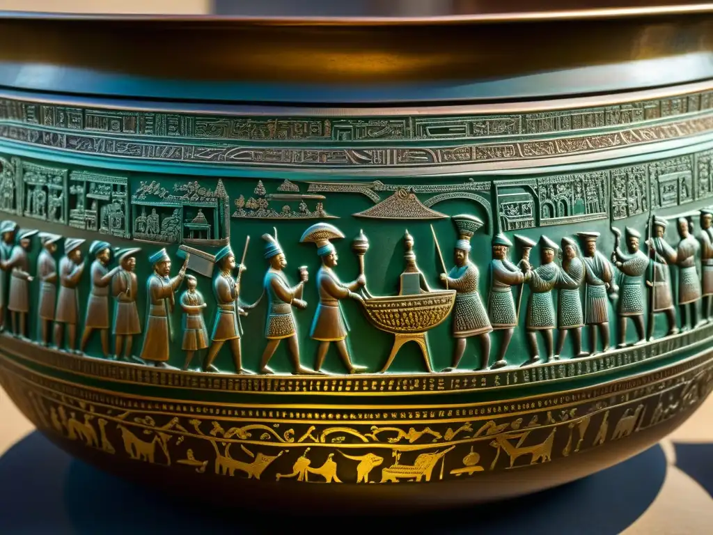 Una olla de bronce antigua con detallados grabados de escenas de comerciantes en la Ruta de la Seda, mostrando su historia y evolución cultural