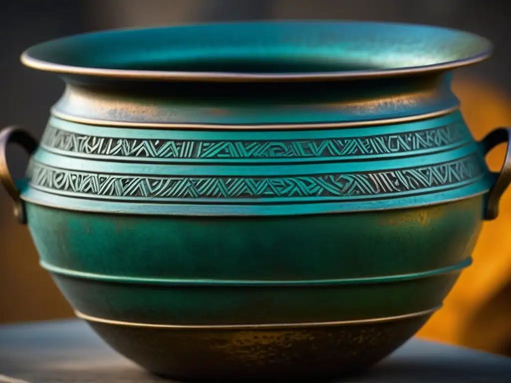 Una olla de bronce romana antigua, detallada y desgastada, ideal para utensilios históricos en educación culinaria