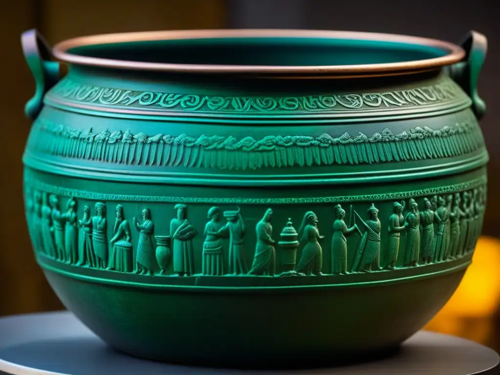 Una olla de bronce romana con detalles de dioses, una pieza clave para coleccionistas de utensilios de cocina Antigua Roma replicas