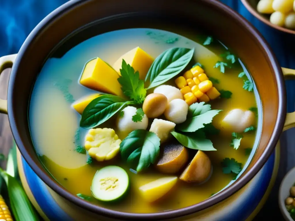 Una olla burbujeante de ajiaco colombiano muestra la historia del ajiaco mestizo con sus colores vibrantes y sabores tradicionales