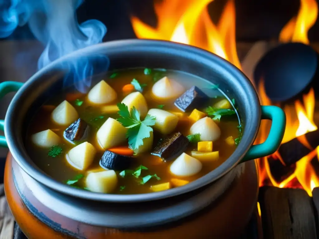 Una olla burbujeante de ajiaco colombiano sobre fuego de leña