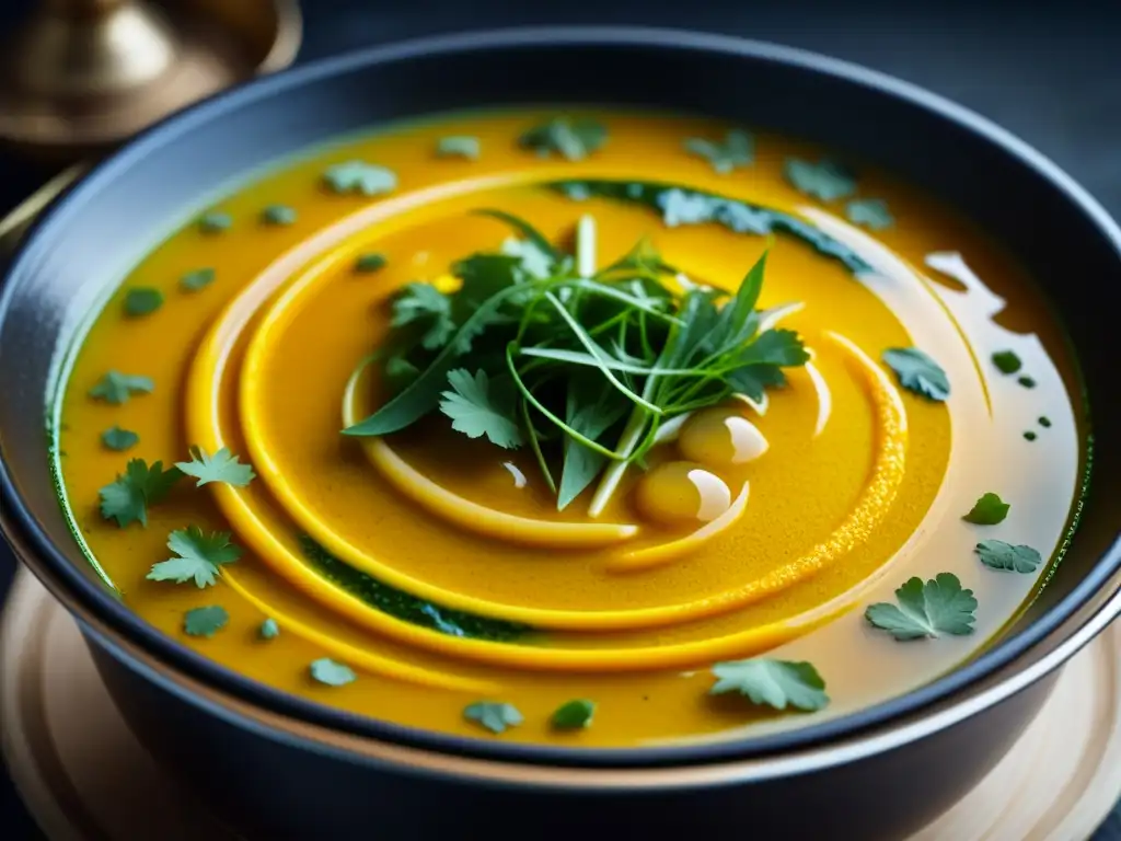 Una olla burbujeante de caldo de Laksa, con especias flotando y gotas de condensación