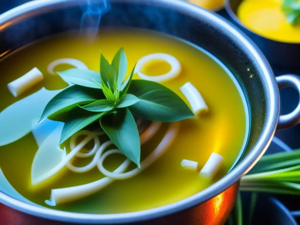 Una olla burbujeante de caldo de Bún bò Huế en estufa tradicional vietnamita