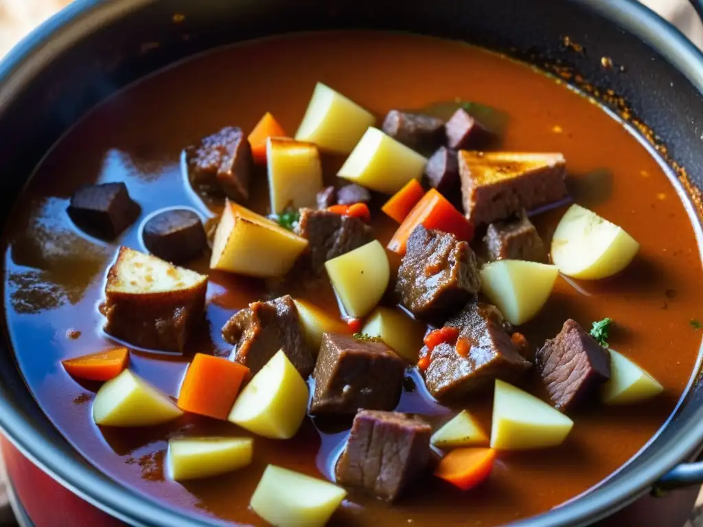 Una olla burbujeante de estofado húngaro tradicional gulasch cocinándose a fuego abierto en entorno rústico