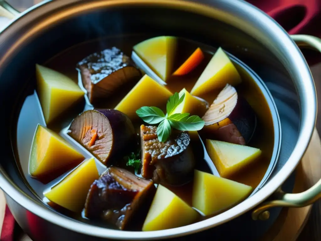 Una olla burbujeante con estofado tradicional del siglo XVIII: verduras, carne tierna y hierbas en caldo rico