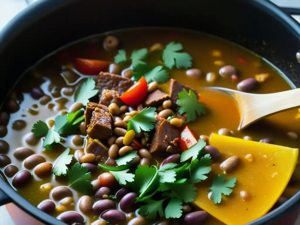 Una olla burbujeante de Frijoles Charros revela colores y texturas, con carne de cerdo, chorizo y vegetales en un caldo sabroso