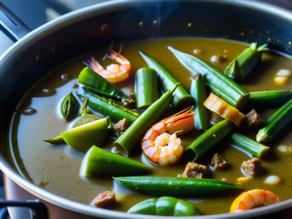 Una olla burbujeante de gumbo criollo, resaltando la fusión cultural e influencia de la cocina criolla en la historia mundial