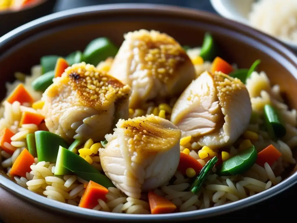 Una olla burbujeante llena de arroz con pollo, resaltando la esencia de este plato con raíces en la historia culinaria española