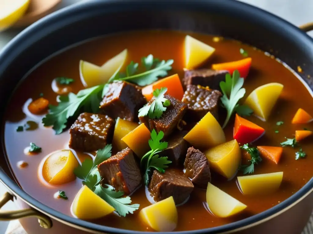 Una olla burbujeante llena de Fiaker Goulash, con carne tierna, paprika vibrante y verduras, en un escenario de cocina acogedor