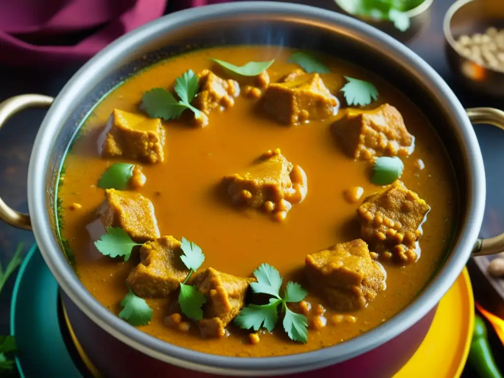 Una olla burbujeante llena de curry tradicional indio rodeada de especias coloridas, evocando recetas históricas India relevancia cultural