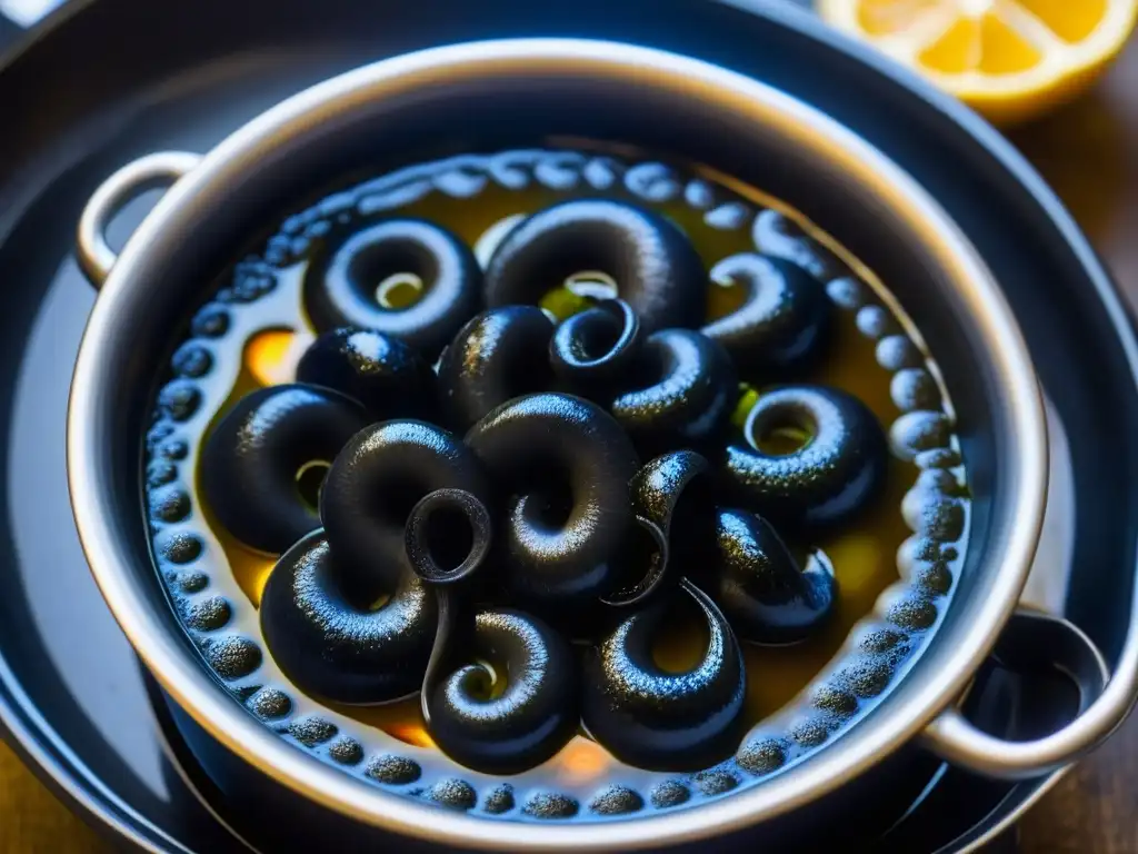 Una olla burbujeante llena de estofado de tinta de calamar, con tentáculos morados y salsa oscura