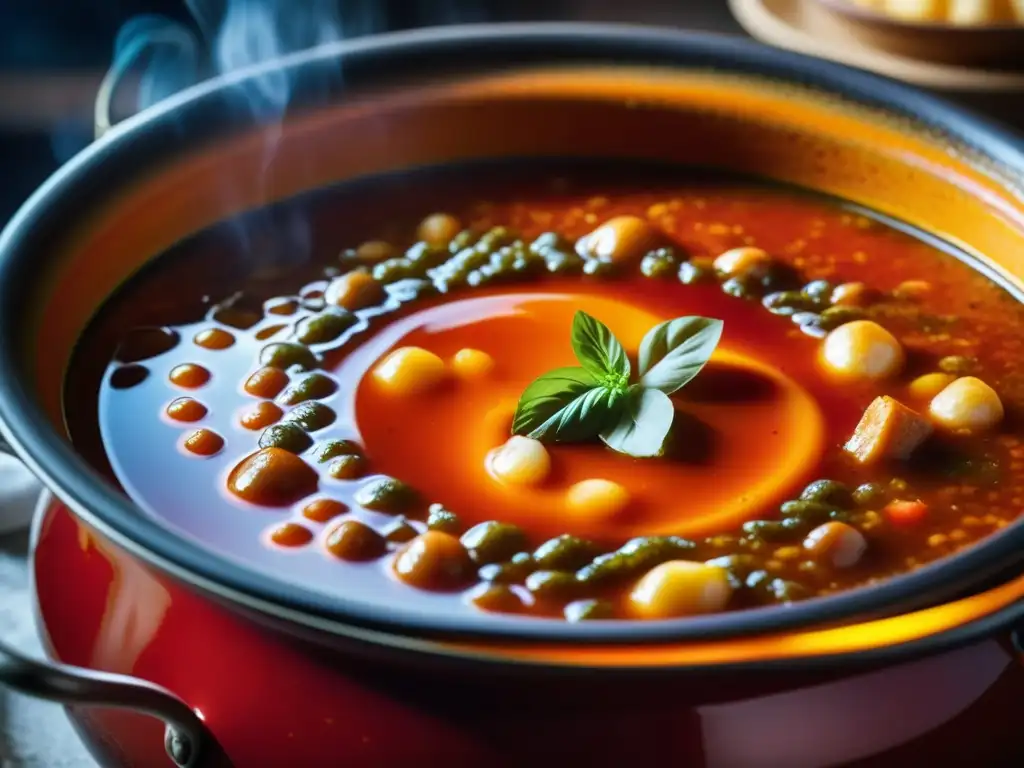 Una olla burbujeante llena de Halászlé, sopa de pescador húngara, enriquecida con colores vibrantes y texturas intrincadas