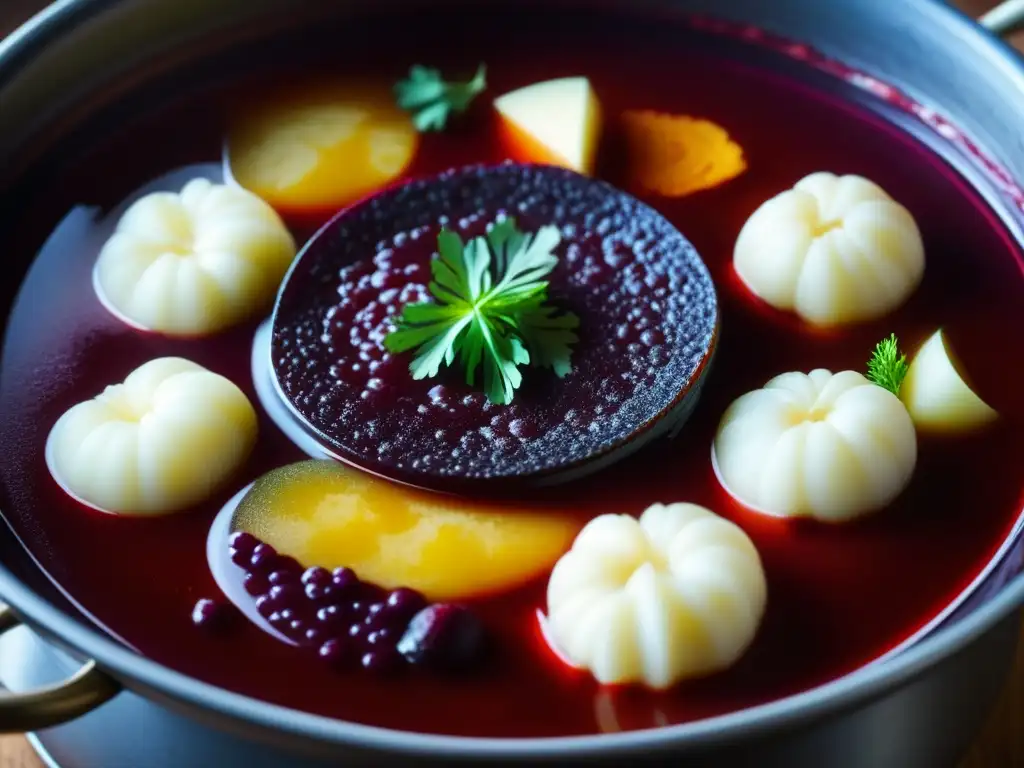 Sabroso borsch rojo: tradición y calidez en un primer plano Una olla burbujeante llena de borsch rojo, con ingredientes como remolacha, col y papas a la vista, evocando calidez y tradición
