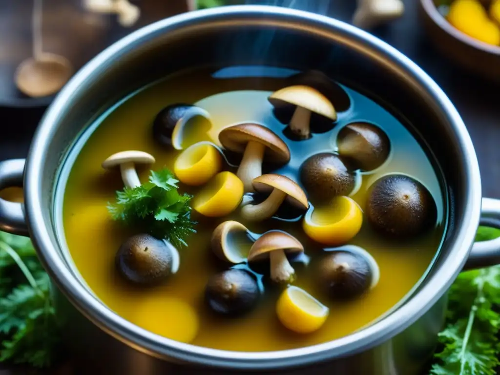 Una olla burbujeante llena de setas andinas frescas en un caldo aromático