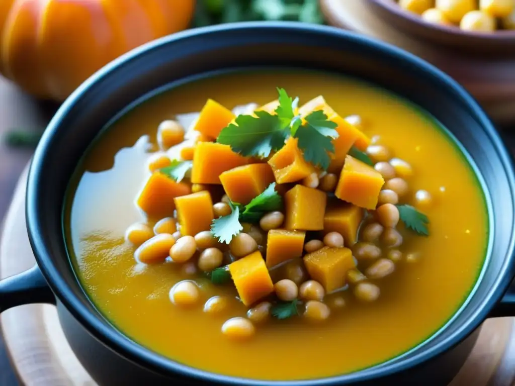 Una olla burbujeante de locro de zapallo, guiso andino con calabaza, maíz y frijoles