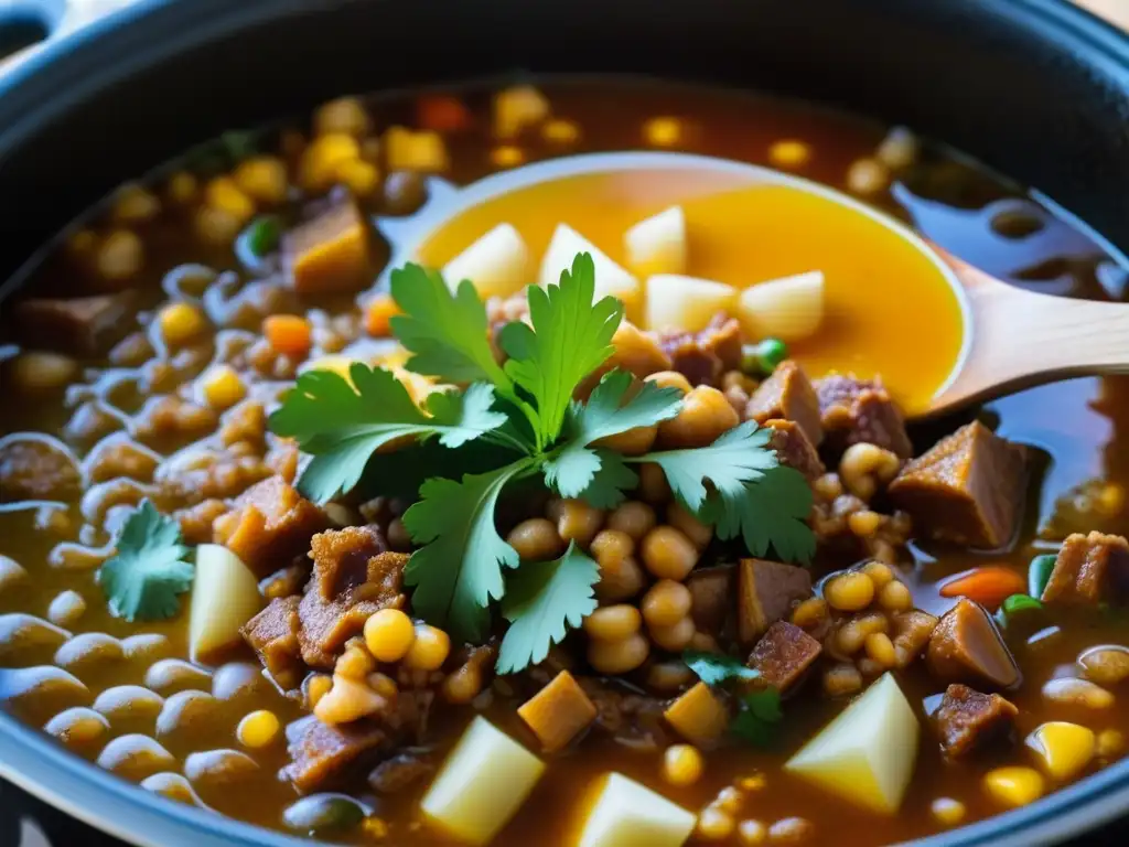 Una olla burbujeante de menudo pancita mexicano, con colores y texturas vibrantes, envuelta en aromas de recetas históricas