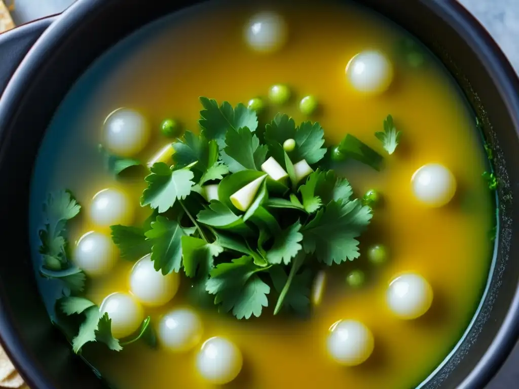 Una olla burbujeante de pozole mexicano tradicional, resaltando los colores vibrantes y la historia del pozole en México