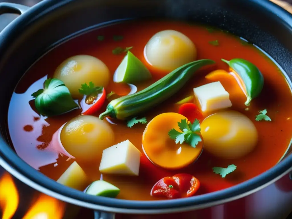 Una olla burbujeante de rica Halászlé húngara, con pescado, pimientos y paprika, sobre fuego