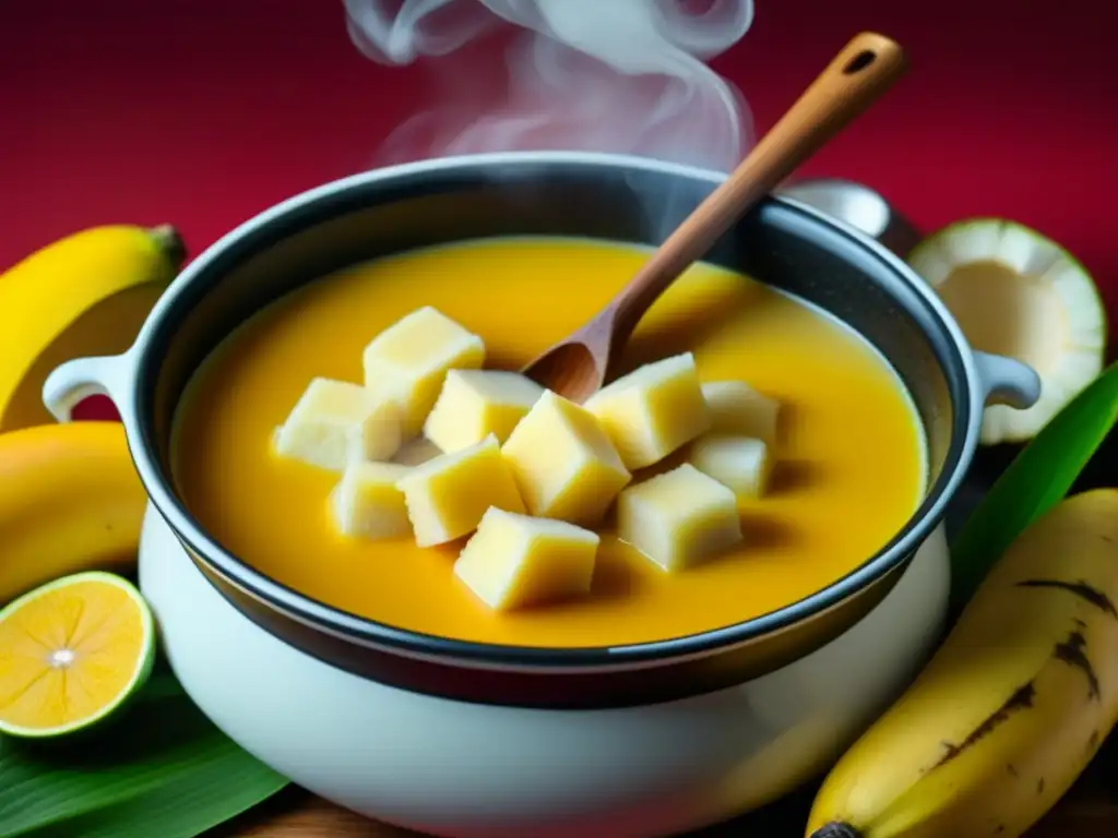 Una olla burbujeante de Rondón Jamaicano con ingredientes vibrantes, capturando la esencia de la Herencia Africana en la cocina