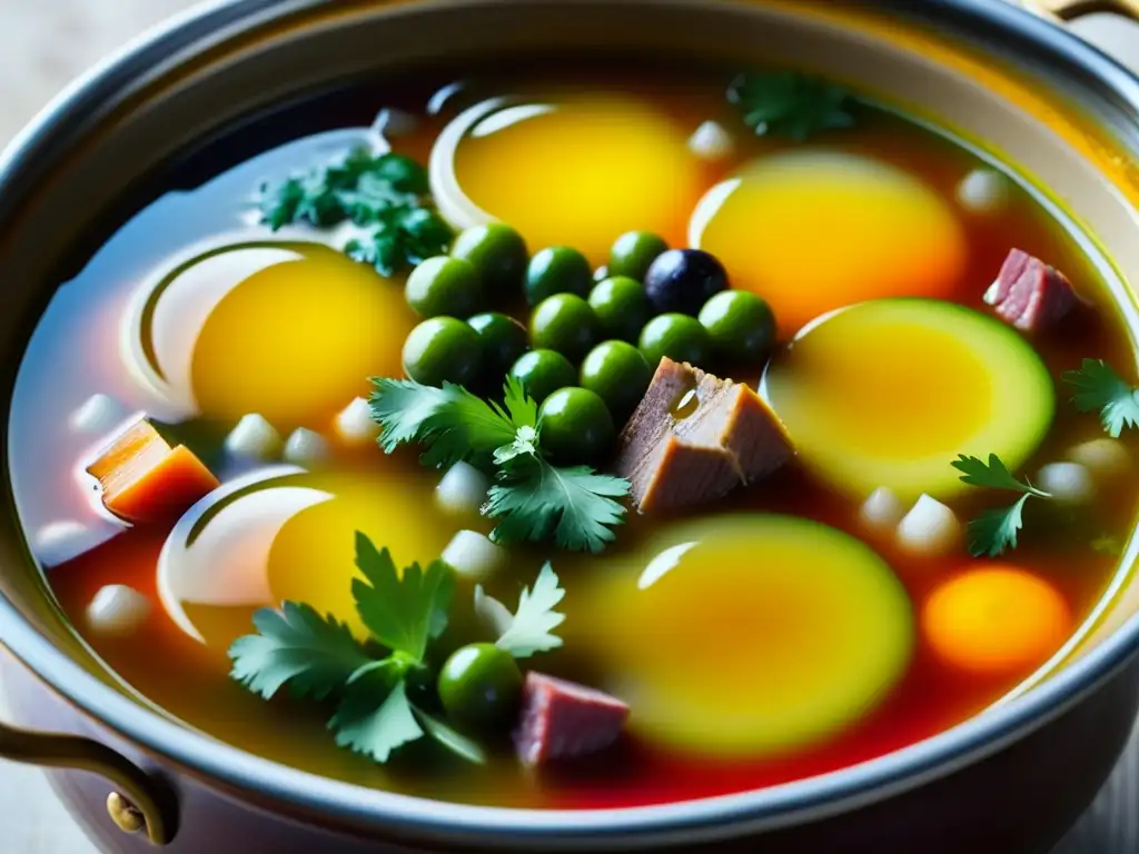 Una olla burbujeante de Solyanka rusa, con carne, encurtidos y verduras en un caldo sabroso