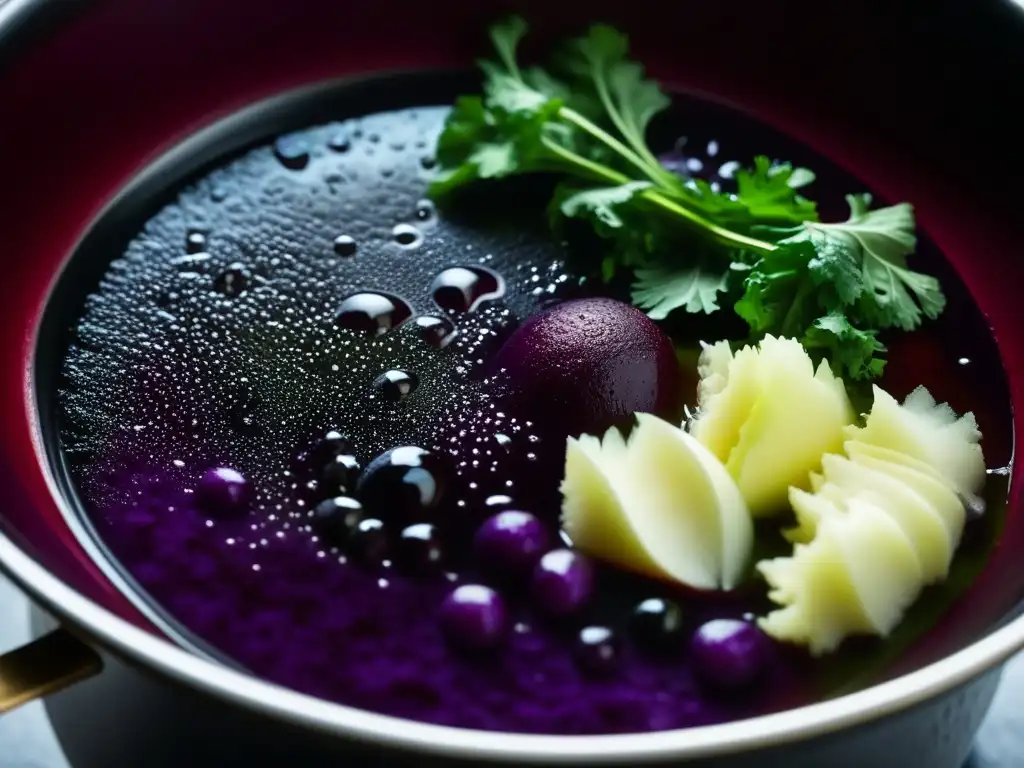 Una olla burbujeante de sopa borsch púrpura, resaltando los ingredientes y la tradición culinaria rusa