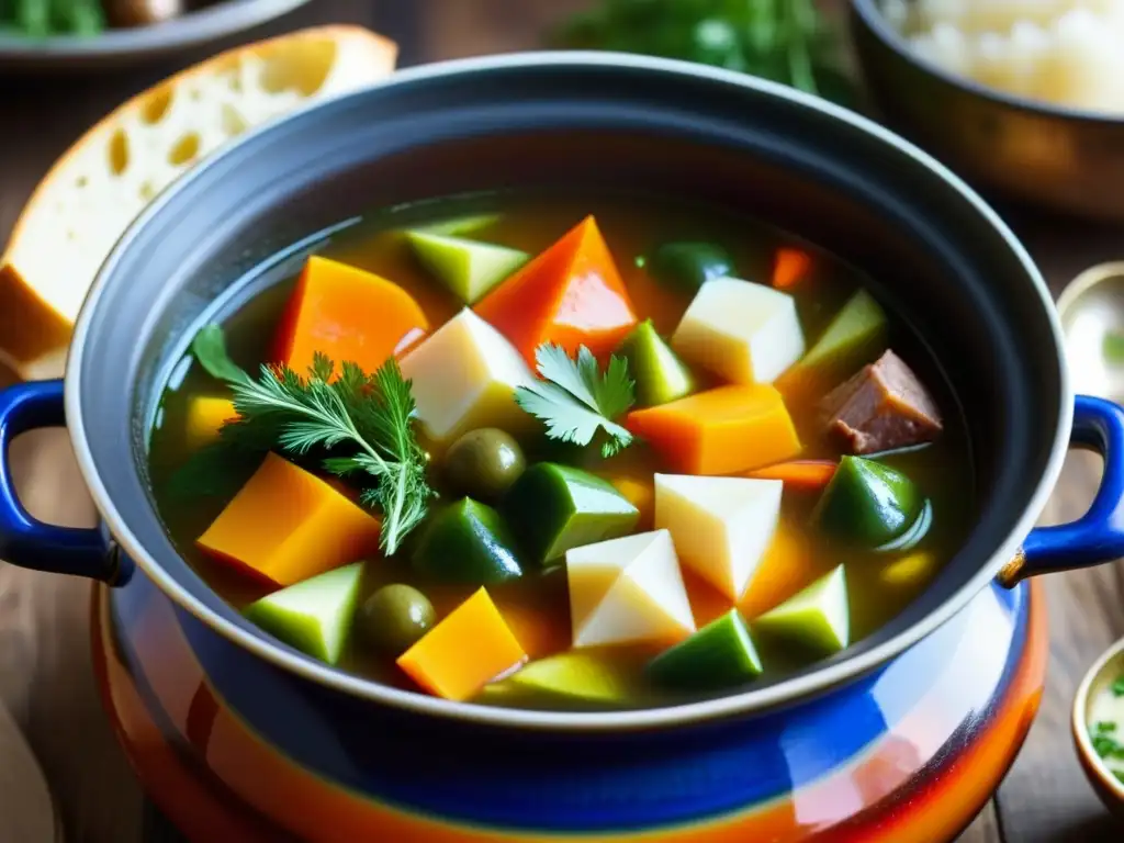 Una olla burbujeante de Sopa Solyanka rusa, resaltando colores vibrantes en un caldo rico