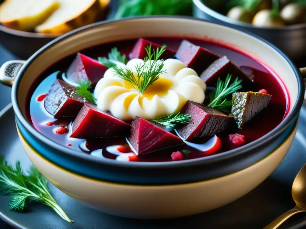 Una olla burbujeante de sopa borsch tradicional, con vibrantes remolachas rojas, trozos de ternera tierna y eneldo fresco