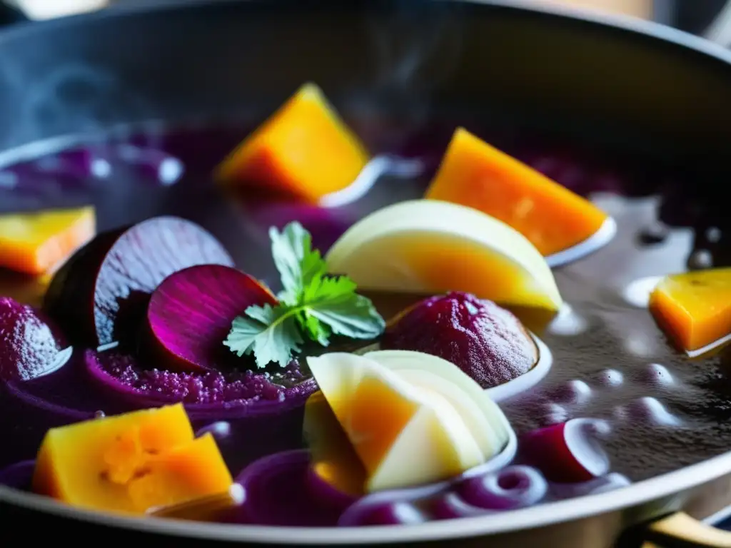 Sabores ancestrales: Borsch hirviendo en estufa vintage Una olla burbujeante de sopa borsch tradicional de Europa del Este en una estufa vintage