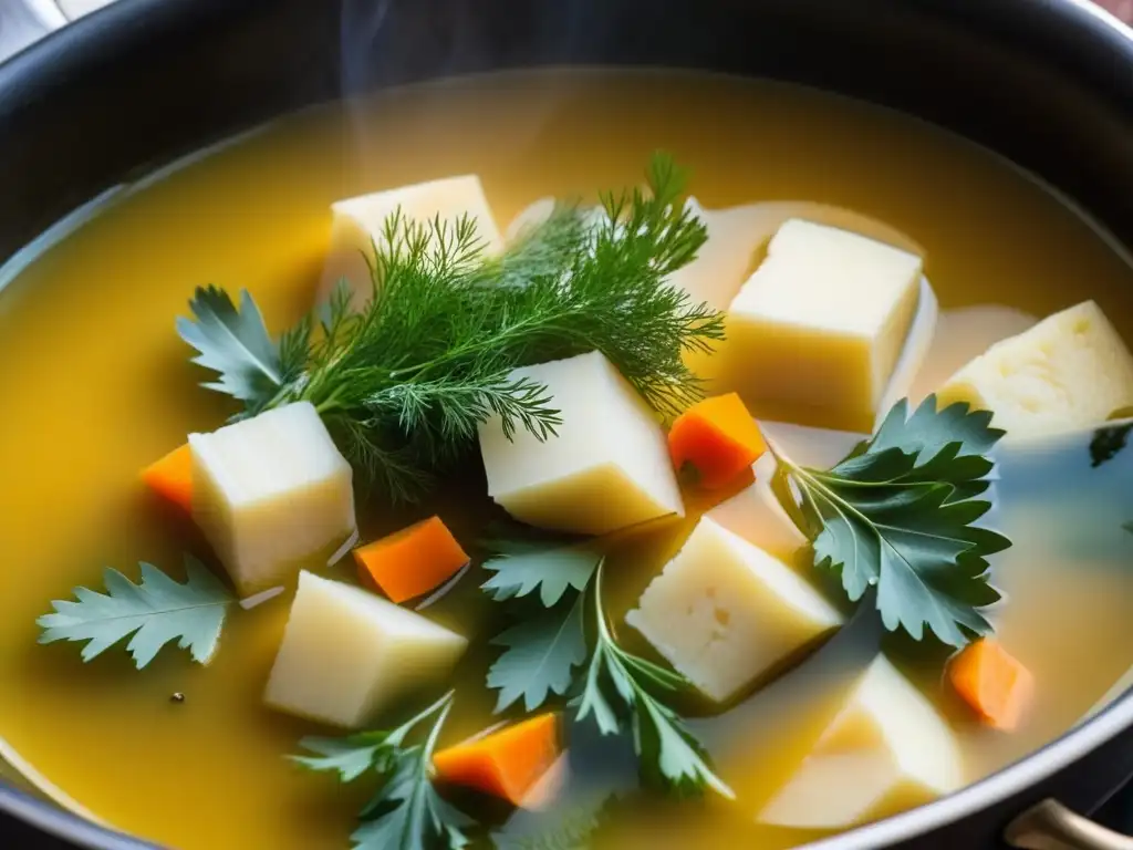 Una olla burbujeante de Ukha, la sopa de pescado rusa, llena de sabores y aromas: pescado blanco, zanahorias y papas en un caldo claro