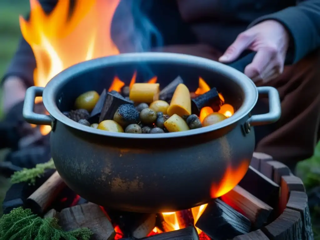 Una olla de campaña cocinando estofado rodeada de brasas, con figuras históricas esperando