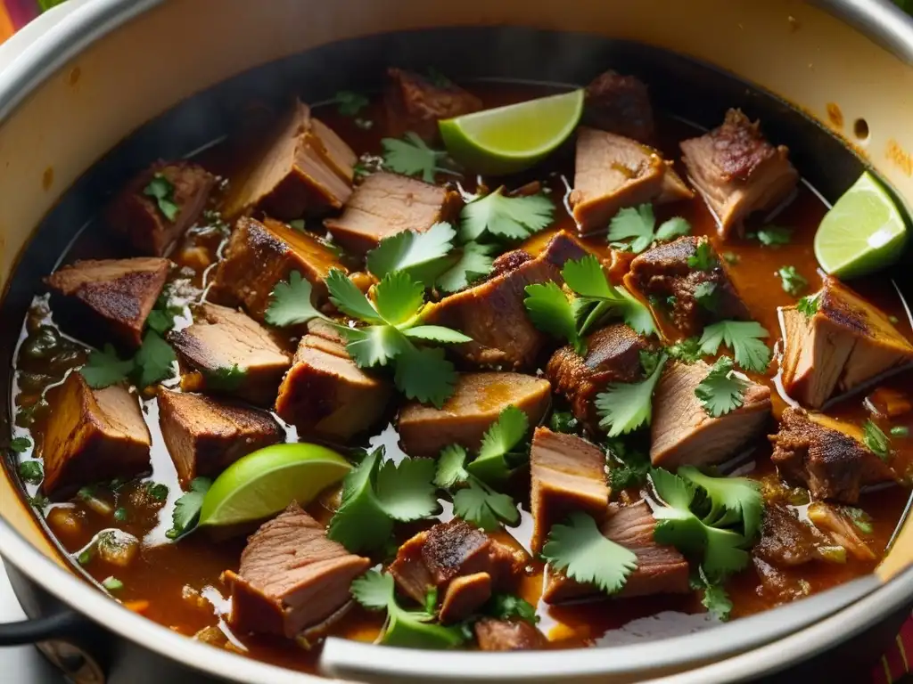 Una olla de carnitas suculentas, ricas en color y textura, evocando tradición y celebración